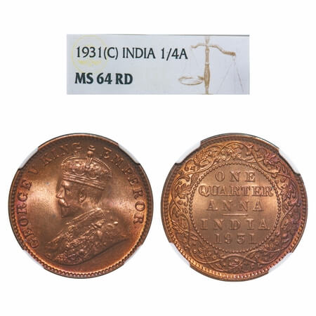 George V, Bronze, Quarter Anna, 1931, Calcutta Mint, No dot. F. Prid 672. GK 1192. NGC Sla