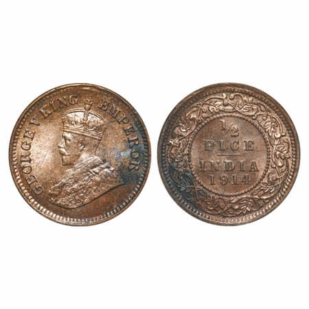 George V, Bronze, 1/2 Pice, 1914, Calcutta Mint, No mint mark. F. Prid 747. GK 1200. Brill