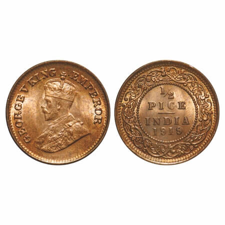 George V, Bronze, 1/2 Pice, 1919, Calcutta Mint, No mint mark. F. Prid 752. GK 1205. Mint 