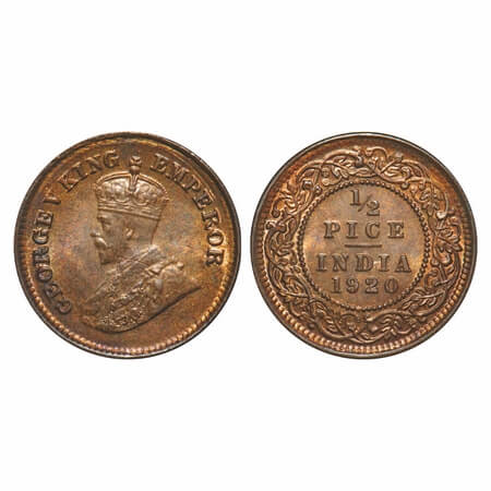 George V, Bronze, 1/2 Pice, 1920, Calcutta Mint, No mint mark, Ghost on Rev. F. Prid 753. 