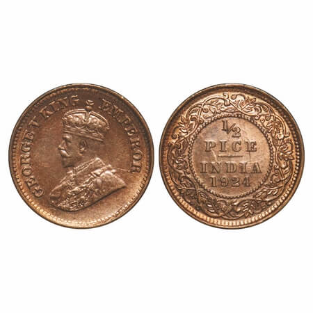 George V, Bronze, 1/2 Pice, 1924, Calcutta Mint, No mint mark, Complete skull ghost on Rev