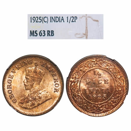 George V, Bronze, 1/2 Pice, 1925, Calcutta Mint, No mint mark. F. Prid 758. GK 1211. NGC S