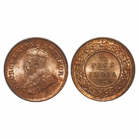 George V, Bronze, 1/2 Pice, 1926, Calcutta Mint, No mint mark. F. Prid 759. GK 1212. Mint 