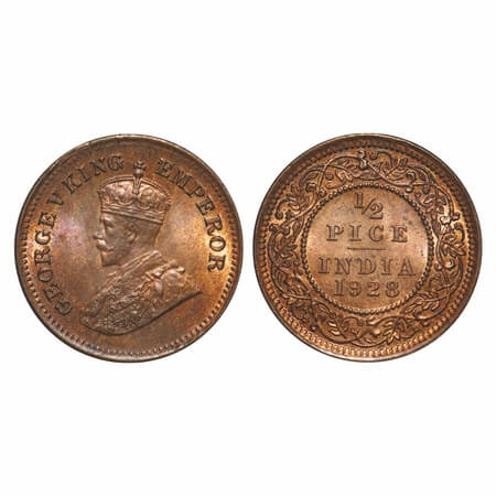 George V, Bronze, 1/2 Pice, 1928, Calcutta Mint, No mint mark. F. Prid 761. GK 1214. Mint 