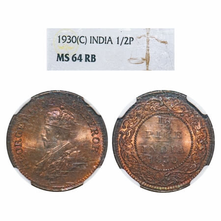 George V, Bronze, 1/2 Pice, 1930, Calcutta Mint, No mint mark. F. Prid 763. GK 1216. NGC S