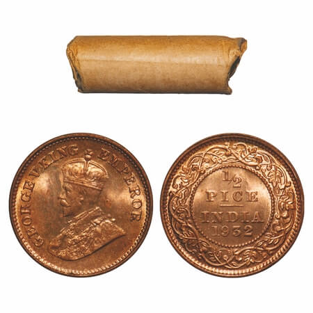 George V, Bronze, 1/2 Pice, (Roll of 32 coins), 1932, Calcutta Mint, No dot. Single mint c