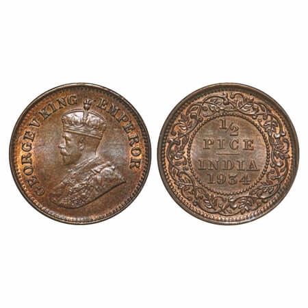 George V, Bronze, 1/2 Pice, 1934, Calcutta Mint, No mint mark. F. Prid 767. GK 1220. Mint 