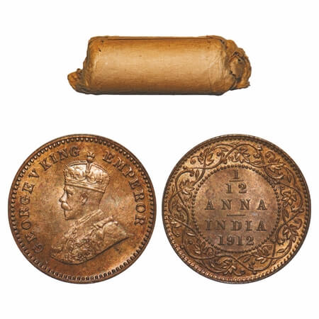 George V, Bronze, 1/12 Anna, (Roll of 24 coins), 1912, Calcutta Mint, No dot. Single mint 