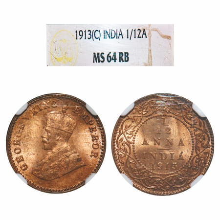 George V, Bronze, 1/12 Anna, 1913, Calcutta Mint, No dot. F. Prid 828. GK 1224. NGC Slab M