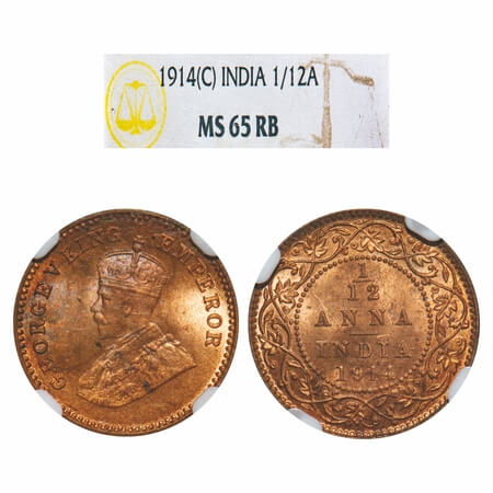 George V, Bronze, 1/12 Anna, 1914, Calcutta Mint, No dot. F. Prid 829. GK 1225. NGC Slab M