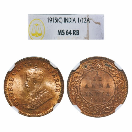 George V, Bronze, 1/12 Anna, 1915, Calcutta Mint, No dot. F. Prid 830. GK 1226. NGC Slab M