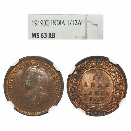 George V, Bronze, 1/12 Anna, 1919, Calcutta Mint, No dot. F. Prid 834. GK 1230. NGC Slab M