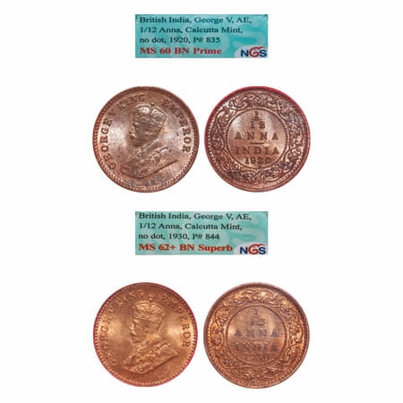 George V, Bronze, 1/12 Anna, (2 slabs), 1920, 1930, Calcutta Mint, No mint mark. F. Prid 8