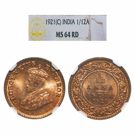 George V, Bronze, 1/12 Anna, 1921, Calcutta Mint, No dot. F. Prid 836. GK 1232. NGC Slab M