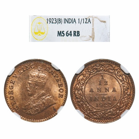 George V, Bronze, 1/12 Anna, 1923, Bombay Mint, Dot. F. Prid 851. GK 1233. NGC Slab MS 64