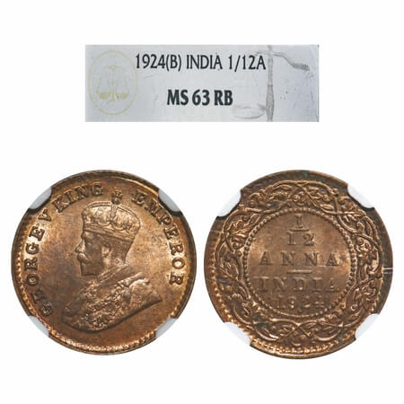 George V, Bronze, 1/12 Anna, 1924, Bombay Mint, Dot. F. Prid 852. GK 1235. NGC Slab MS 63 