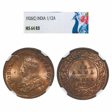 George V, Bronze, 1/12 Anna, 1926, Calcutta Mint, No dot. F. Prid 840. GK 1240. NGC Slab M