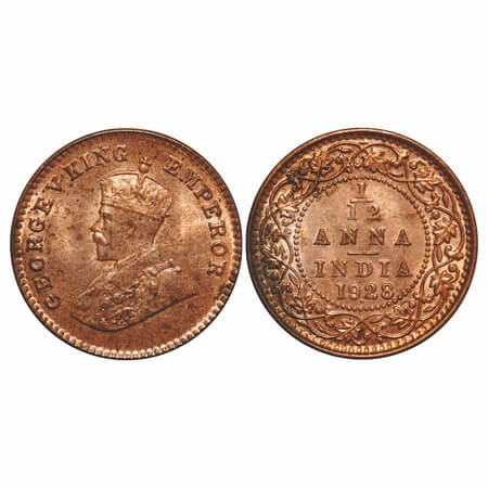 George V, Bronze, 1/12 Anna, 1928, Bombay Mint, Dot. F. Prid 856. GK 1243. Extremely Fine.