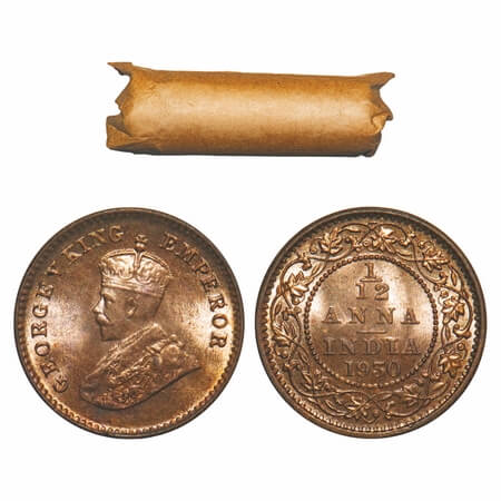 George V, Bronze, 1/12 Anna, (Roll of 24 coins), 1930, Calcutta Mint, No dot. Single mint 