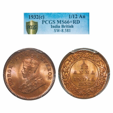 George V, Bronze, 1/12 Anna, 1932, Calcutta Mint, No dot. F. Prid 846. GK 1248. PCGS Slab