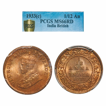 George V, Bronze, 1/12 Anna, 1933, Calcutta Mint, No dot. F. Prid 847. GK 1249. PCGS Slab 