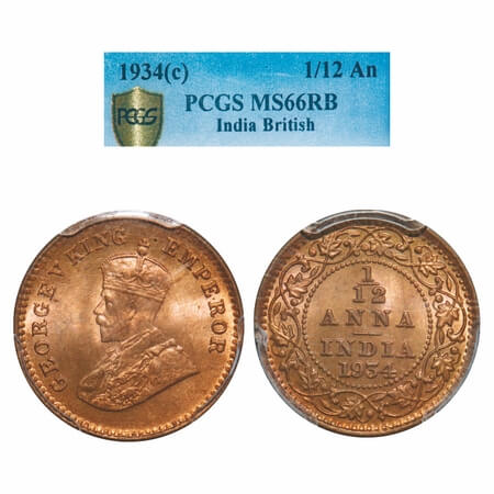George V, Bronze, 1/12 Anna, 1934, Calcutta Mint, No dot. F. Prid 848. GK 1250. PCGS Slab