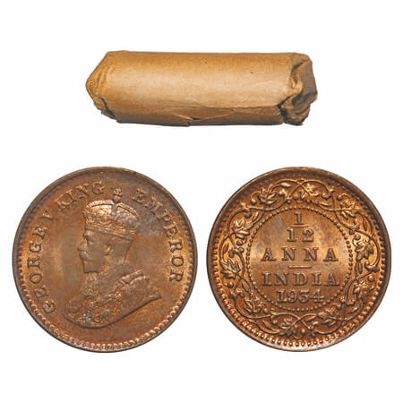 George V, Bronze, 1/12 Anna, (Roll of 24 coins), 1934, Calcutta Mint, No dot. Single mint 