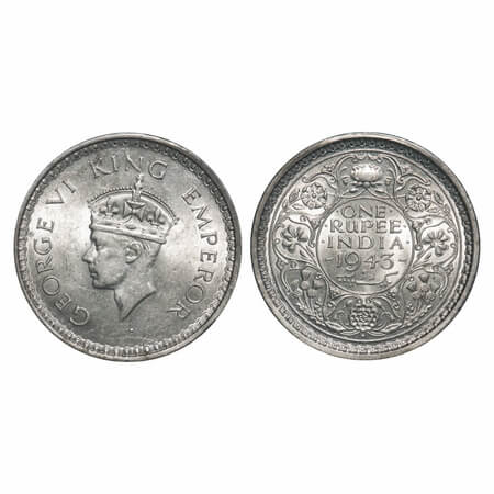 George VI, Half Silver, Rupee, 1943, Bombay Mint, C/III, Diamond, Security edge, Large 3. 