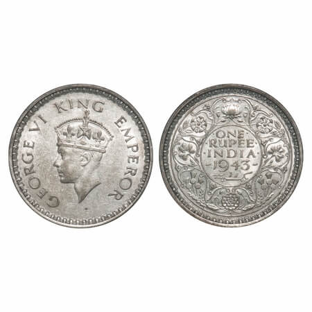 George VI, Half Silver, Rupee, 1943, Bombay Mint, C/III, Diamond, Security edge, Large 3. 
