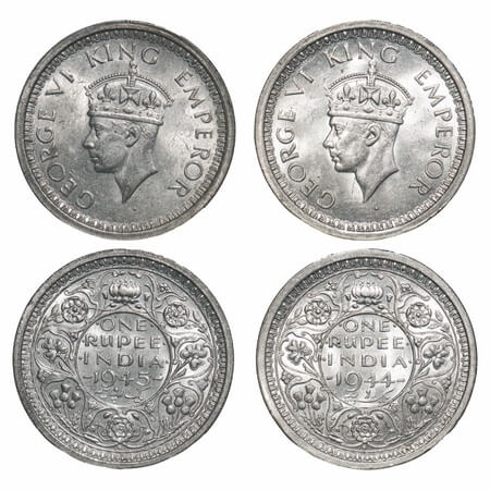 George VI, Half Silver, Rupee, (2 coins), Bombay Mint, 1) 1944, D/II, Dot, Security edge, 