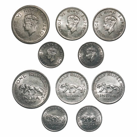 George VI, Nickel, (Lot of 5 coins), Bombay Mint, 1) Rupee, 1947, E/IV, Diamond, Security 
