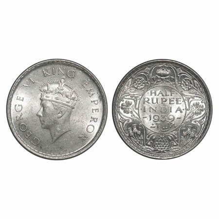 George VI, Silver, Half Rupee, 1939, Bombay Mint, A/I, Dot, Head Type I, Milled edge. F. P