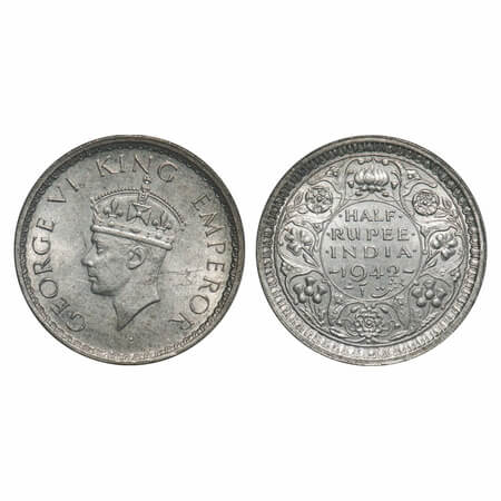 George VI, Half Silver, Half Rupee, 1942, Bombay Mint, Mule using Obv Die of 1941 Half Rup