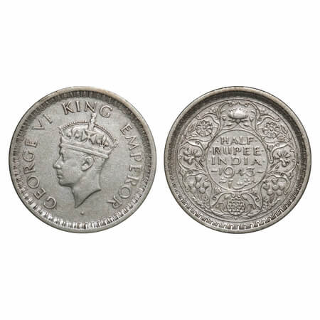 George VI, Half Silver, Half Rupee, 1943, Bombay Mint, B/III, Diamond, Head Type II, Secur