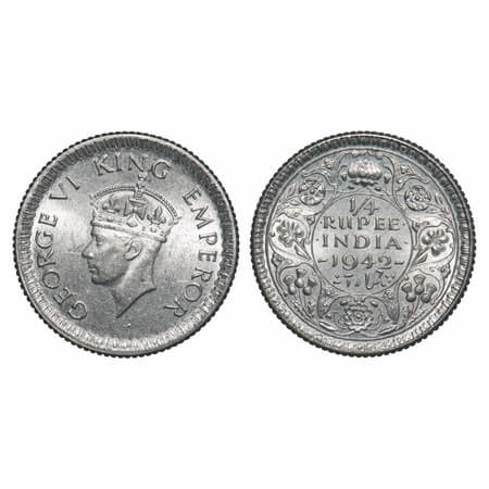 George VI, Half Silver, 1/4 Rupee, 1942, Calcutta Mint, No dot, Head Type II, Rev II, Mill