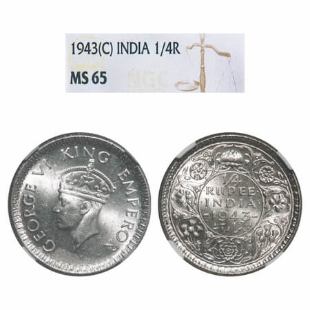 George VI, Half Silver, 1/4 Rupee, 1943, Calcutta Mint, No dot, Head Type II, Rev II, Mill