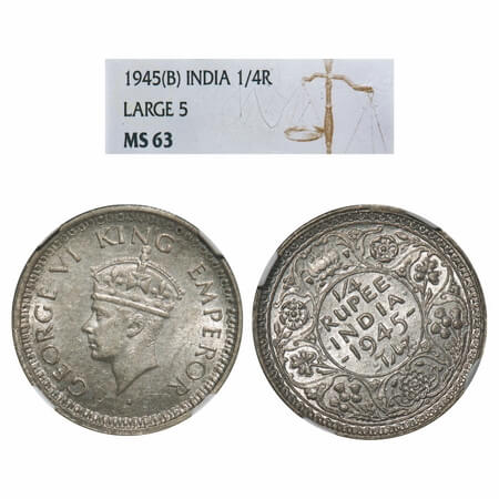 George VI, Half Silver, 1/4 Rupee, 1945, Bombay Mint, Dot, Head Type II, Rev II, Security 