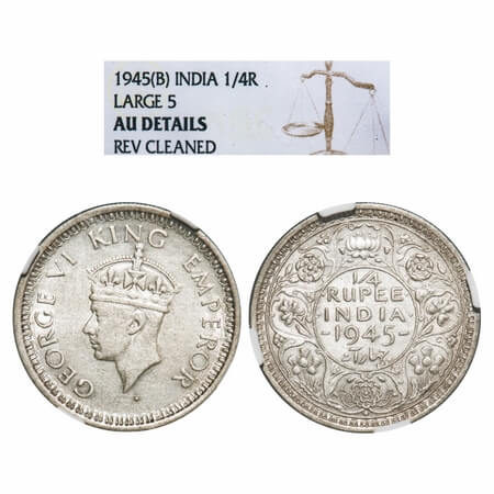 George VI, Half Silver, 1/4 Rupee, 1945, Bombay Mint, Dot, Head Type II, Rev II, Security 