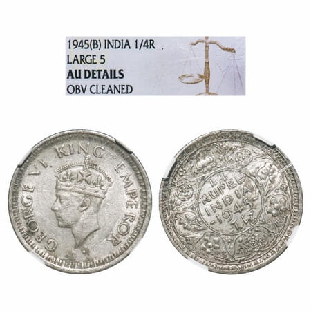 George VI, Half Silver, 1/4 Rupee, 1945, Bombay Mint, Dot, Head Type II, Rev II, Security 