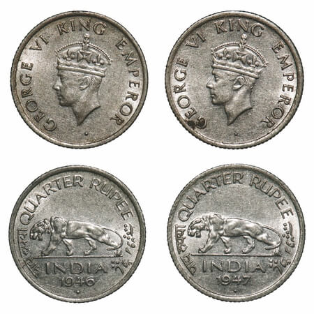 George VI, Nickel, 1/4 Rupee, (2 coins), 1946, 1947, Bombay Mint, Diamond, Head Type II, R
