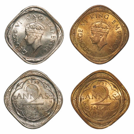 George VI, Silver, 2 Annas, (2 coins), 1) 1941, Bombay Mint, Head Type II, Dots by year, T