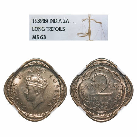 George VI, Copper-Nickel, 2 Annas, 1939, Bombay Mint, Dots by year, Head Type I. F. Prid 9