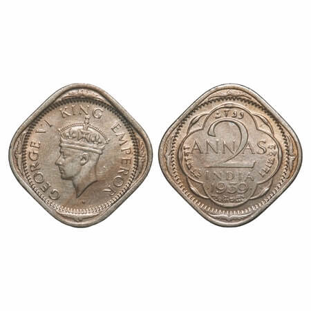 George VI, Copper-Nickel, 2 Annas, 1939, Bombay Mint, Dots by year, Head Type II. F. Prid 