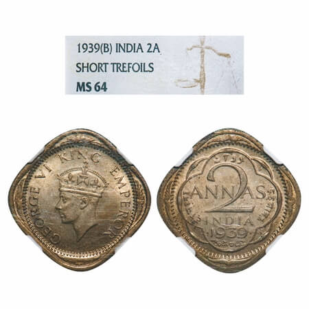 George VI, Copper-Nickel, 2 Annas, 1939, Bombay Mint, Dots by year, Head Type II. F. Prid 