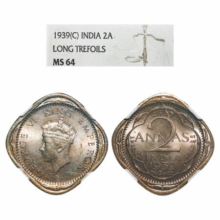 George VI, Copper-Nickel, 2 Annas, 1939, Calcutta Mint, No dots by year, Head Type I. F. P