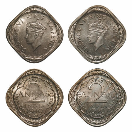 George VI, Copper-Nickel, 2 Annas, (2 coins), 1940, 1) Bombay Mint, Dots by year, Head Typ