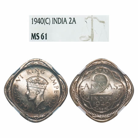 George VI, Copper-Nickel, 2 Annas, 1940, Calcutta Mint, No dots by year, Head Type II. F. 