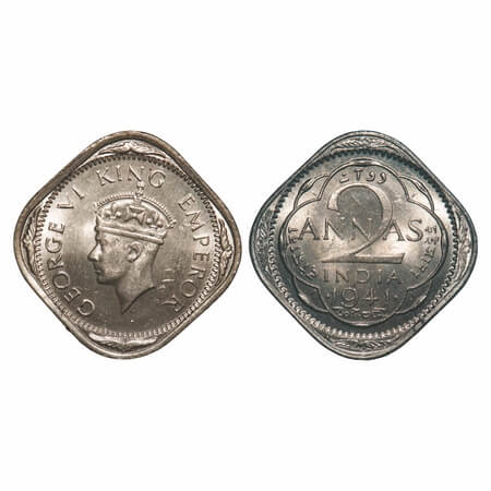 George VI, Copper-Nickel, 2 Annas, 1941, Bombay Mint, Dots by year, Head Type II, Tiny dec