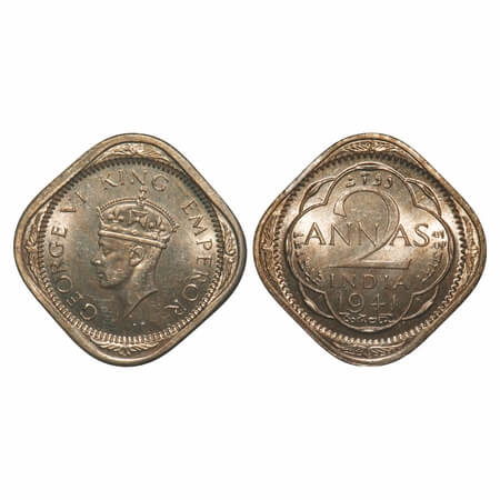 George VI, Copper-Nickel, 2 Annas, 1941, Calcutta Mint, No dots by year, Head Type II, Wit