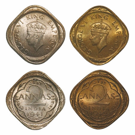 George VI, Mix Metal, 2 Annas, (2 coins), 1) Copper-Nickel, 1941, Calcutta Mint, No dots b